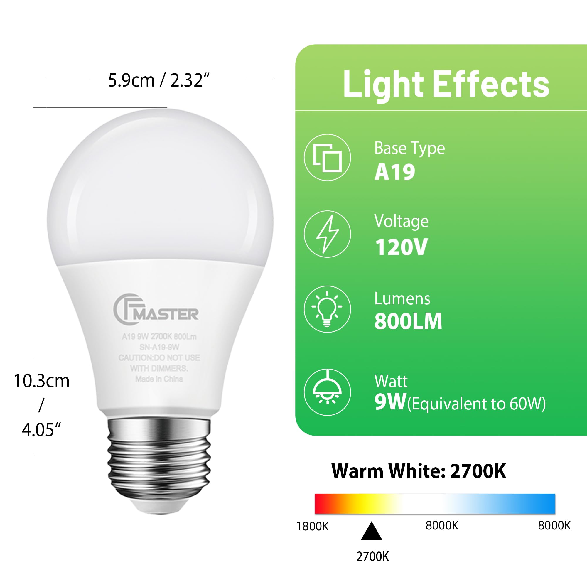 Jiangsiling A19 Led Light Bulb, 60W Equivalent Light Bulbs, 9W 2700K Warm White, 800 Lumens, Non-Dimmable Led Bulb, E26 Standard