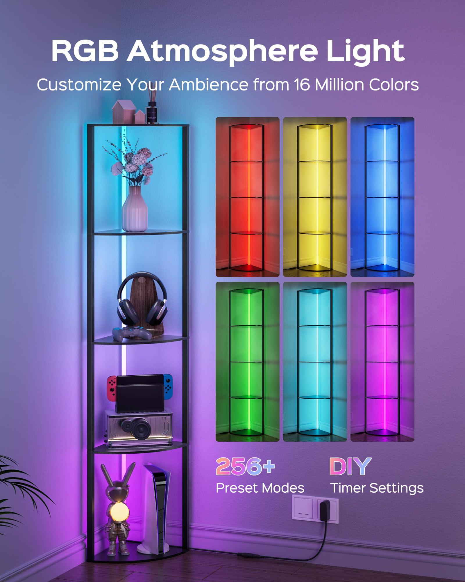 JACKYLED 5-Tier Corner Display Shelves, RGB LED Floor Lamp, 64.8in Wood Curio Cabinet, Remote/App Control, Model JKFL0512126701A