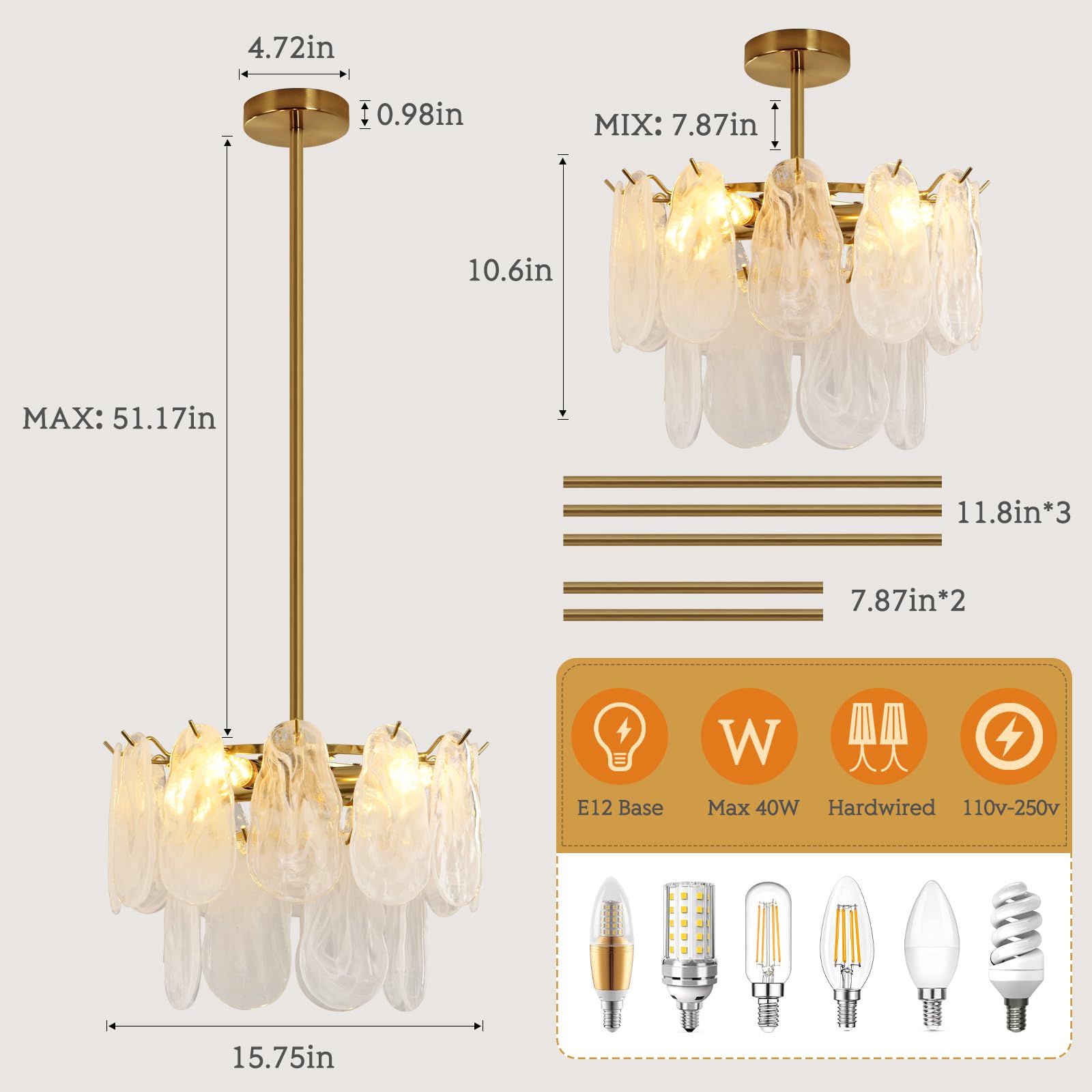 Modern Gold Cloud Glass Chandeliers, 15.7 Inches Creative Crystal Pendant Ceiling Fixture, 2 Tier Luxury Height Adjustable Chand