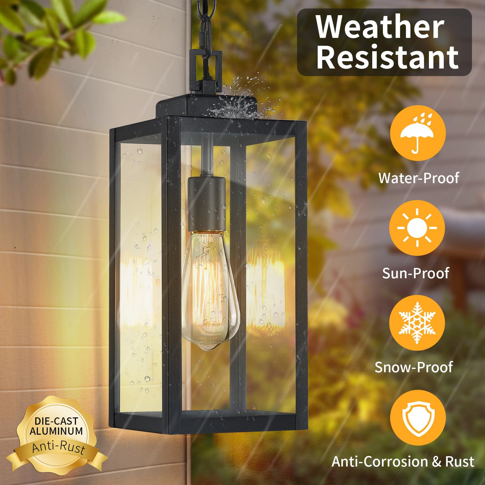 15'' Outdoor Pendant Light, Modern Outside Chandelier Outdoor Hanging Lantern Light, Matte Black With Clear Glass, Exterior Pend
