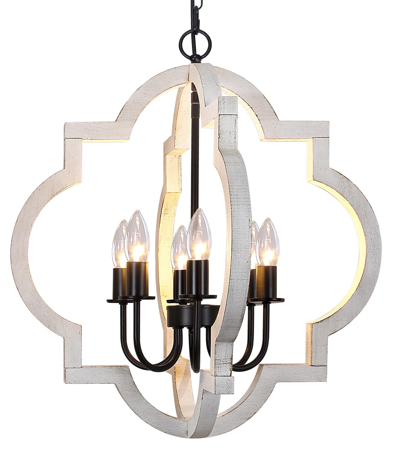 Rviezza 21'' Farmhouse Wood Chandelier, 6-Light Distressed White Dining Room Light Fixture, Adjustable Height Rustic Wood Orb Ch