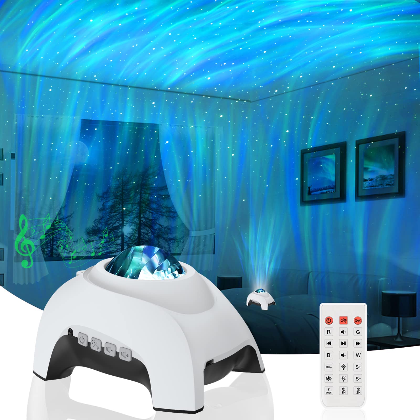 Vinwark Star Projector, Galaxy Projector, Northern Lights Aurora Projector For Bedroom With Music Bluetooth Speaker And White No