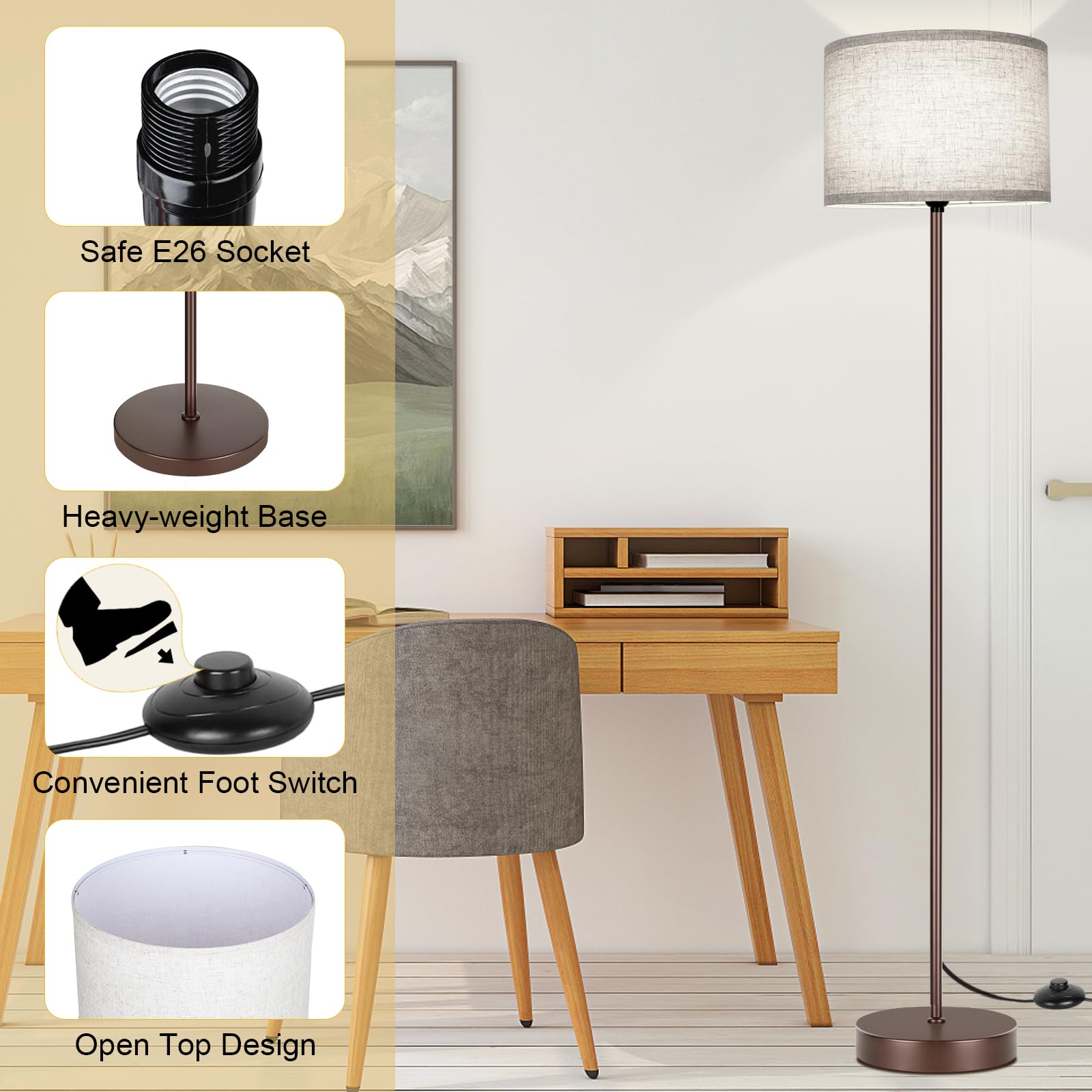 Simple Design Floor Lamp With 3Cct 9W Led Bulb, 65? Modern Industrial Standing Lamp For Living Room With Foot Switch, Tall Lamp