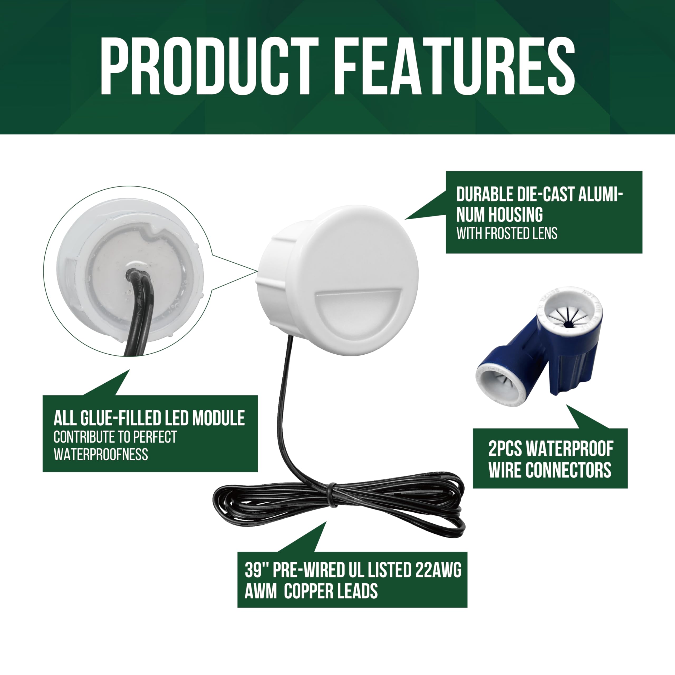 GKOLED 12 Pack Recessed LED Step Riser Lights, F1 Halfmoon, 12V 3000K, Die-cast Aluminum, Glossy White for Outdoor Deck & Stair