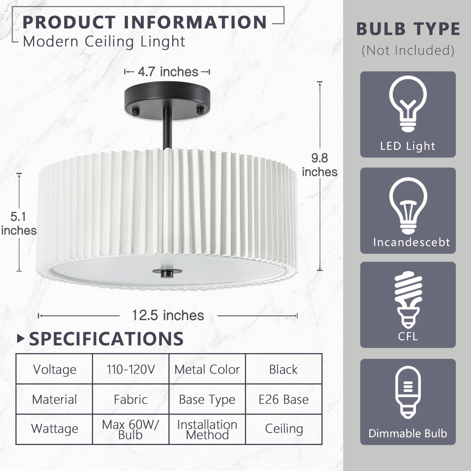 Bargeni Semi Flush Mount Ceiling Light,12.5 Inch Ceiling Light Fixture,Black Flush Mount Light Fixture With Pleated Fabric Drum