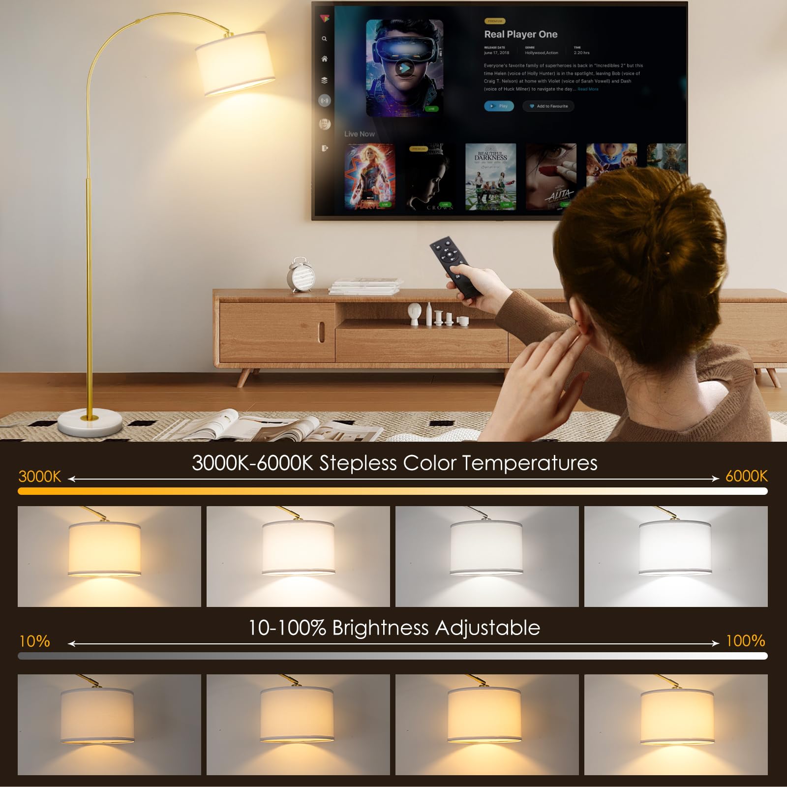 Arc Floor Lamp With Remote, Modern Standing Lamp For Living Room With Stepless Dimmable Bulb, Drum Shade, Foot Switch, Tall Floo