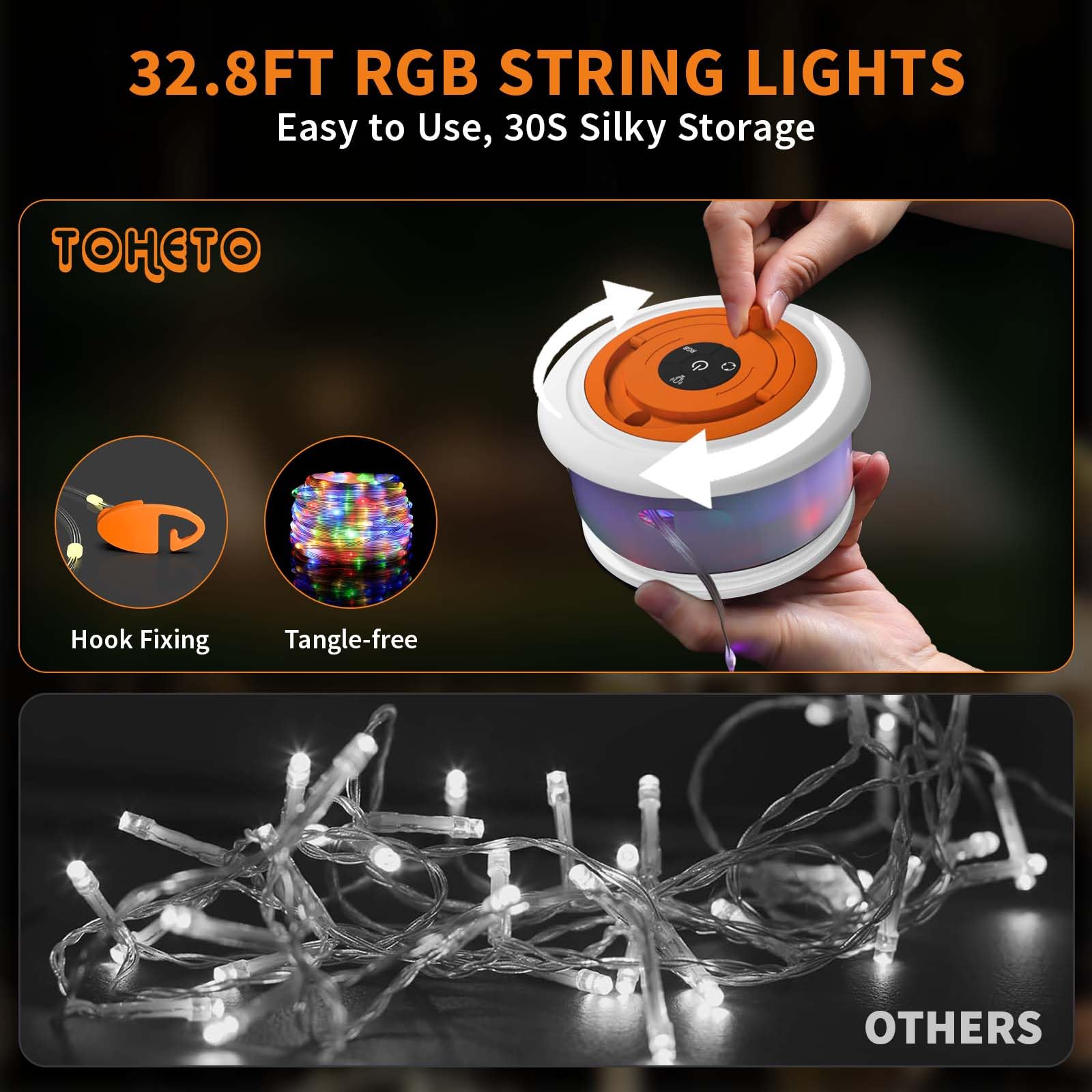 TOHETO Camping String Lights, 32.8 FT, Retractable RGB with 19 Modes, Rechargeable, White&Orange, Model JSK-L26