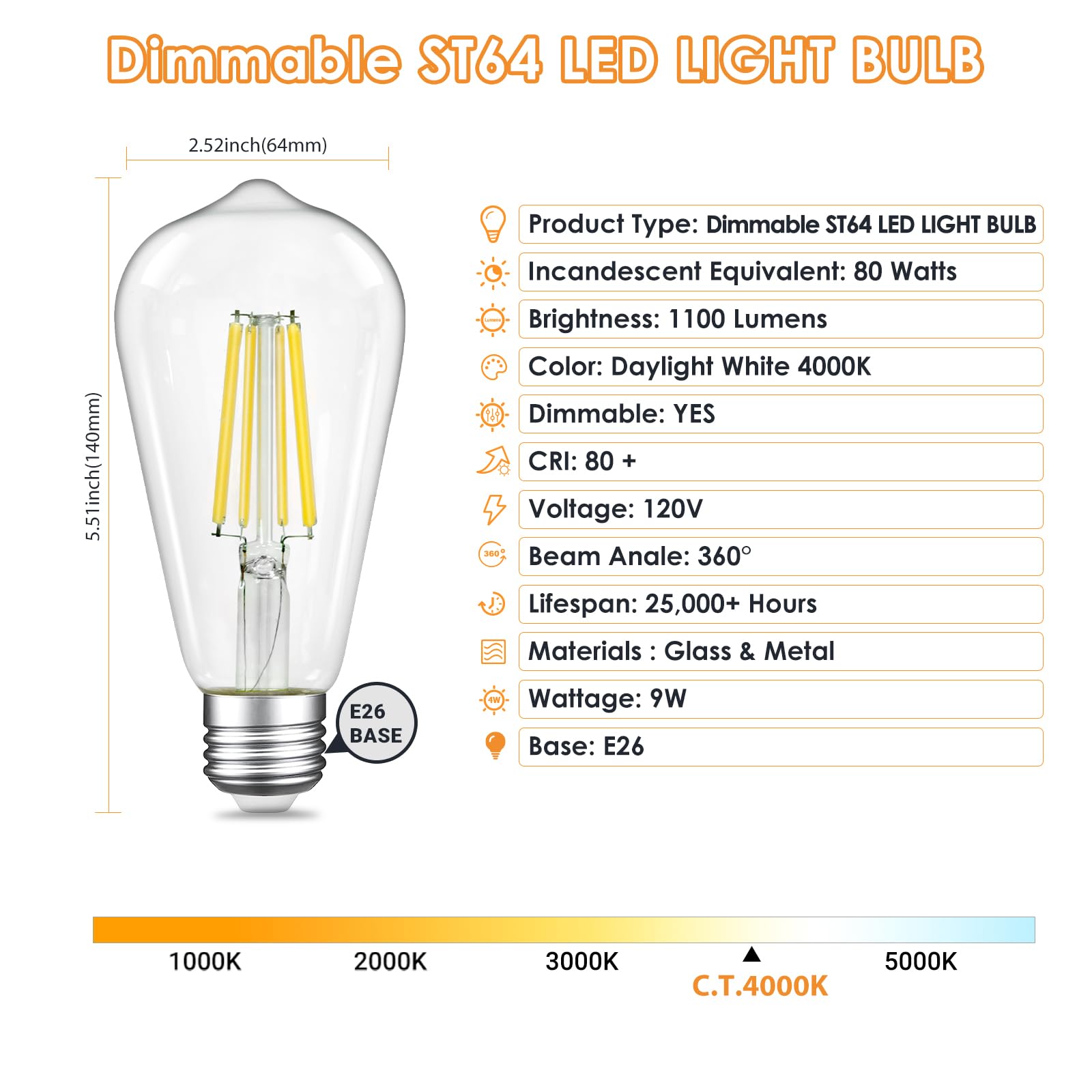Dimmable Led Edison Bulbs 9W (80 Watt Equivalent) 1100 Lumens, 4000K Daylight White, St64 E26 Base Led Light Bulbs, Vintage Clea