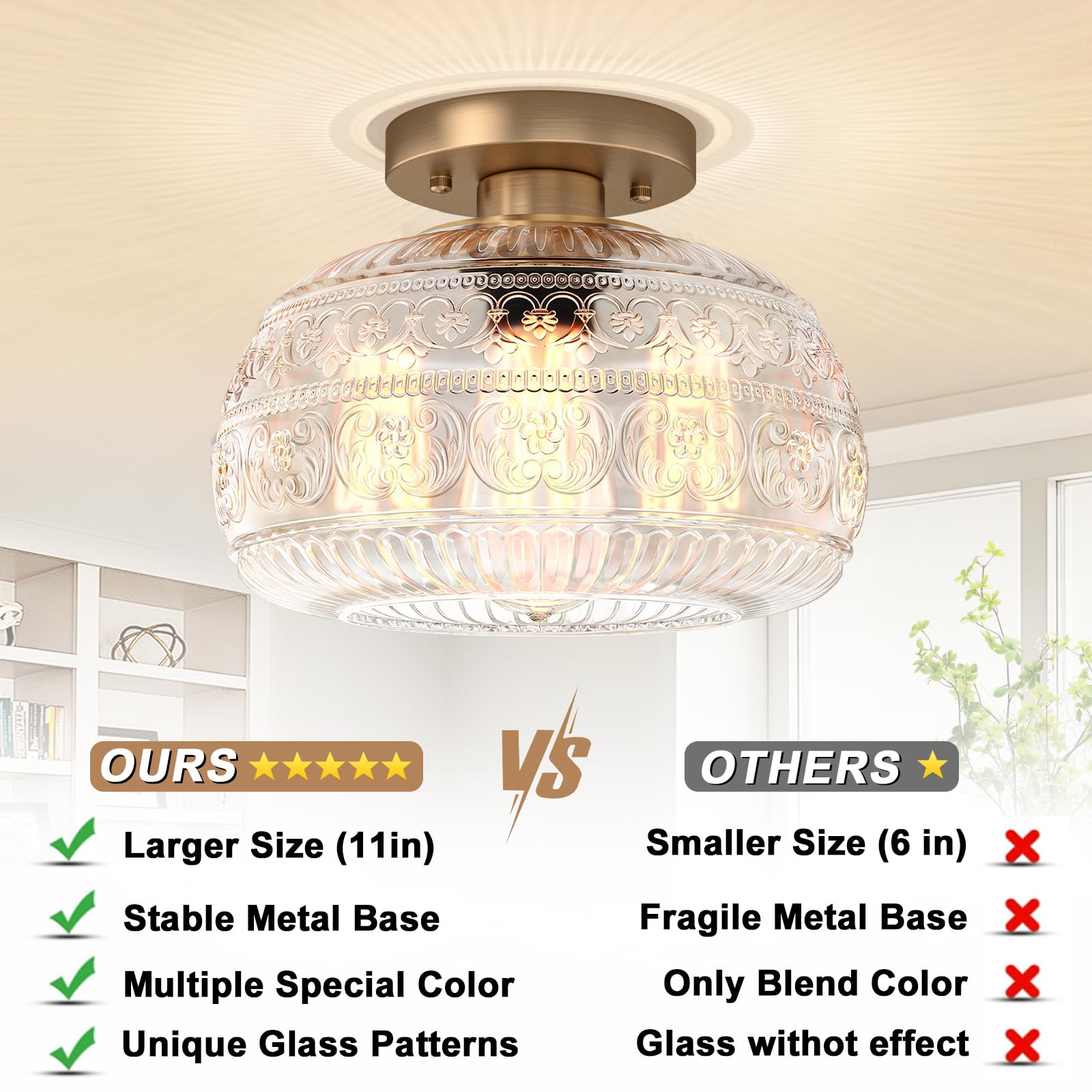 Oykyohei 11&quot; Vintage Gold Semi Flush Mount Ceiling Light, Clear Glass Fixture For Hallway, Kitchen