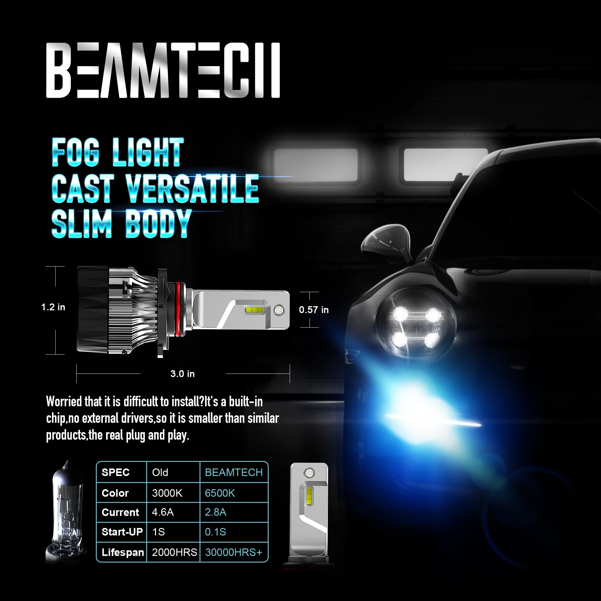 BEAMTECH 9005 HB3 Fog Bulbs, 6500K CSP Chips, Small Size, Aluminum Heatsink