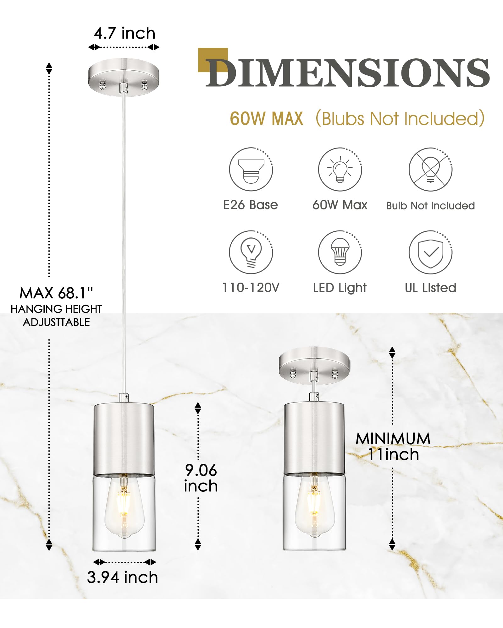 Audickic Pendant Lights Kitchen Island  Brushed Nickel Hanging Lights Fixtures With Cylinder Clear Glass  Modern Kitchen Pendant Lighting Over Island For Dining Room  Ad-24023-1P-Sn