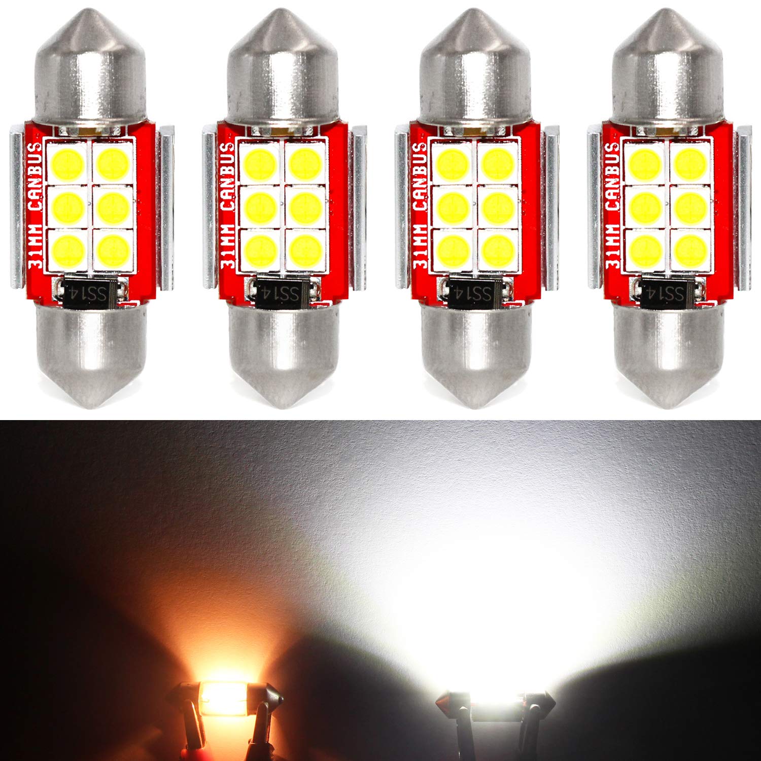 Phinlion Super Bright De3175 Led White Bulb 500 Lumens 3030 6-Smd Festoon 1.25'' 31Mm De3021 De3022 Miniature Led Bulbs For Car 