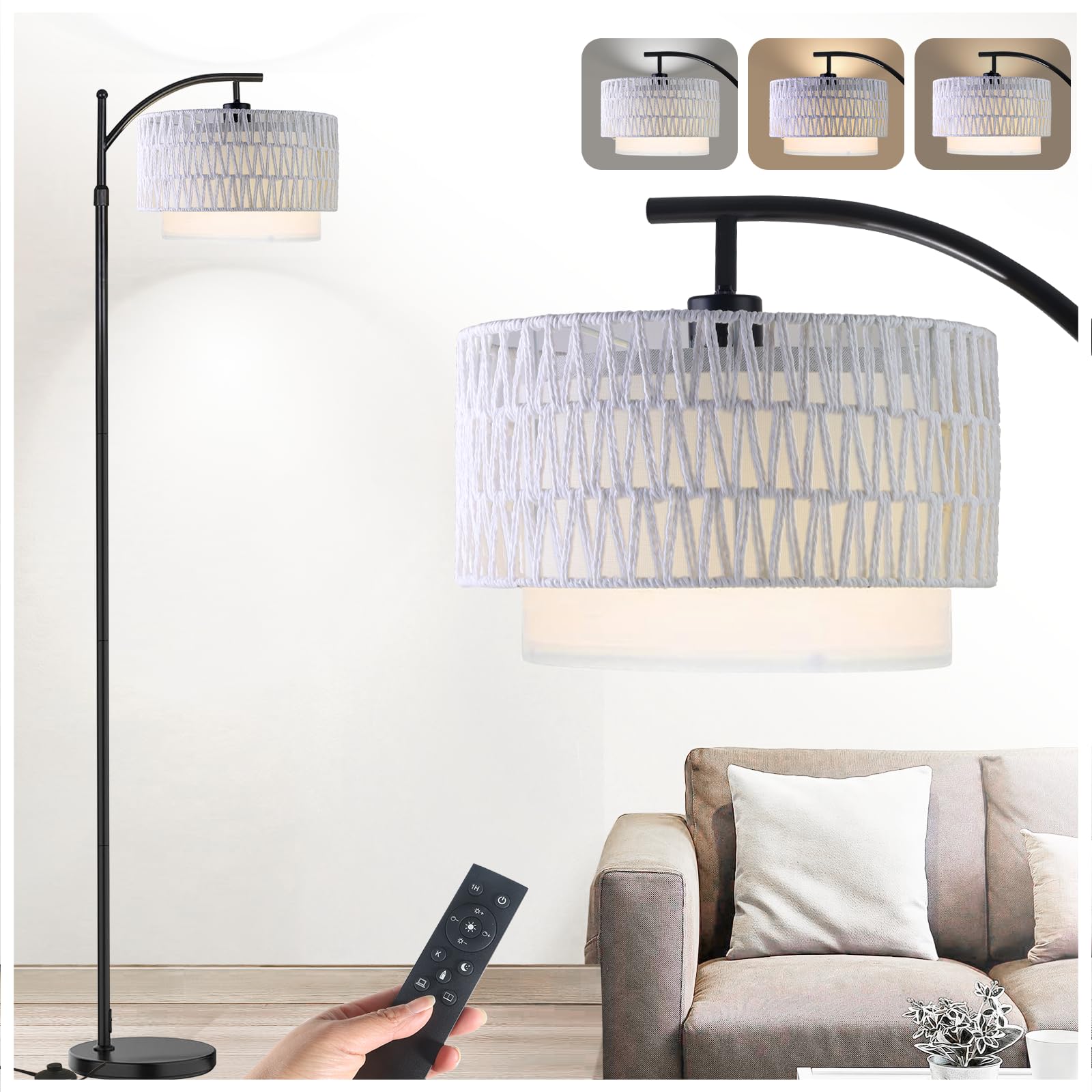 Yusist Arc Floor Lamp For Living Room,Farmhouse Floor Lamps With Remote Control & Dimmable Bulb,White Rattan Boho Tall Standing 