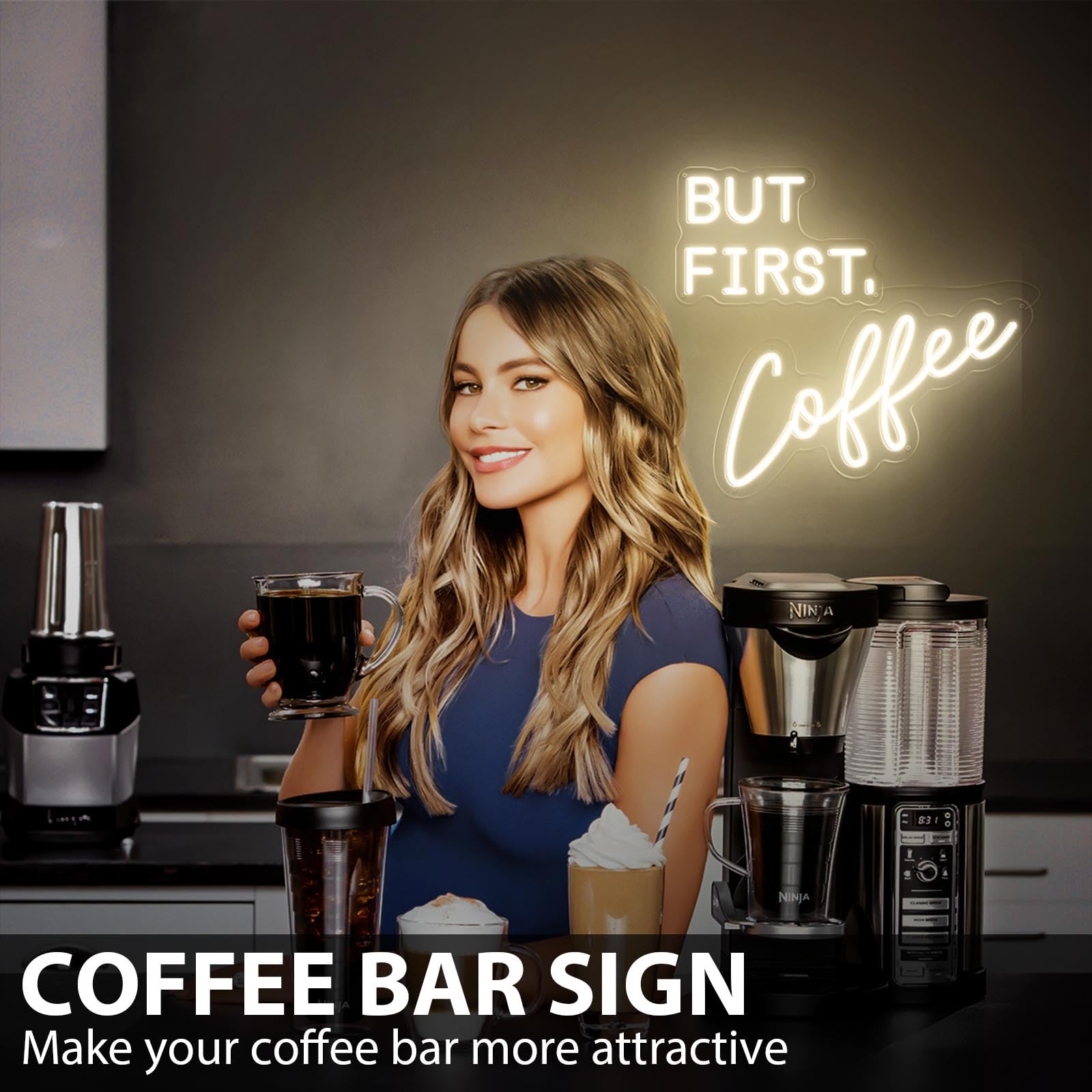 MinIeoh Neon Sign - But First Coffee - Dimmable Warm White LED - 17x16in - Silicone - Model FTNHD-BFCOFFEE