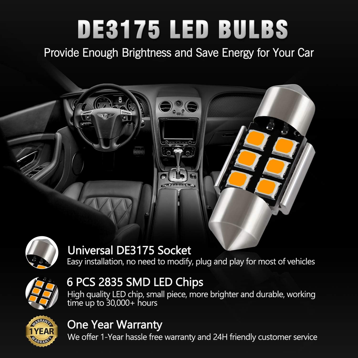 Brishine De3175 Led Bulbs, Super Bright Amber Yellow 2835 Chipsets Canbus Error Free 31Mm 1.25    Festoon De3021 De3022 3175 642