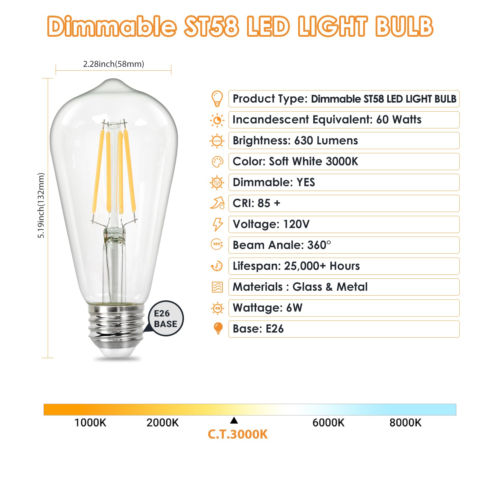 Qingmiao Vintage Led Edison Bulbs, St58 Dimmable 6W E26 Led Bulb 60W Equivalent, 3000K Soft White Led Light Bulbs, Antique Led F
