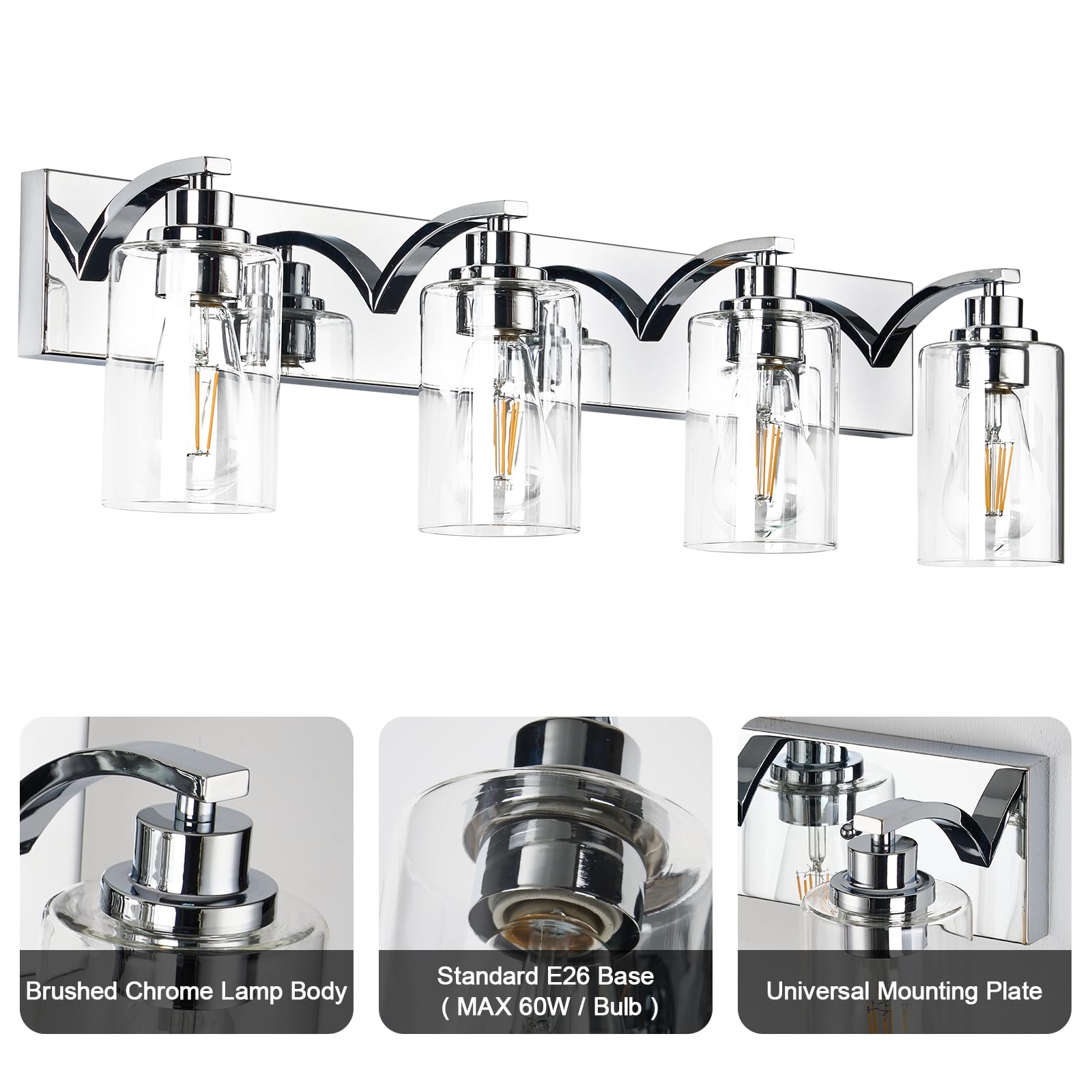 Alaislyc 4-Light Bathroom Light Fixtures Modern Chrome Vanity Lights For Bathroom Lighting Fixtures Over Mirror With Clear Glass Shade For Cabinet Mirror Bedroom Hallway
