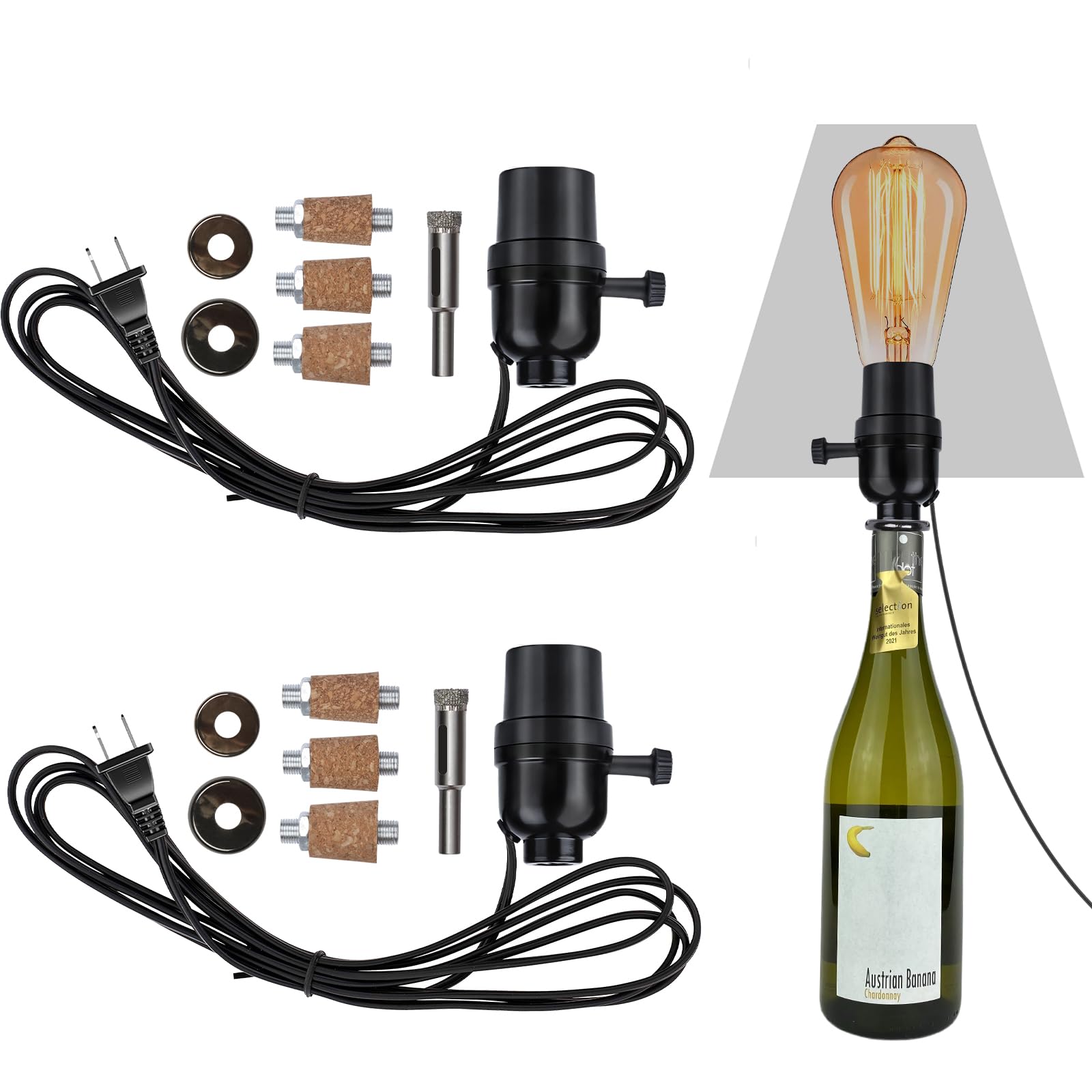 Aokpsrt Bottle Lamp Kit with 9mm Glass Drill bit DIY Lamp Kit for Beverage Bottles with Slip on Socket and 8 Feet Power Cord No Drilling Required