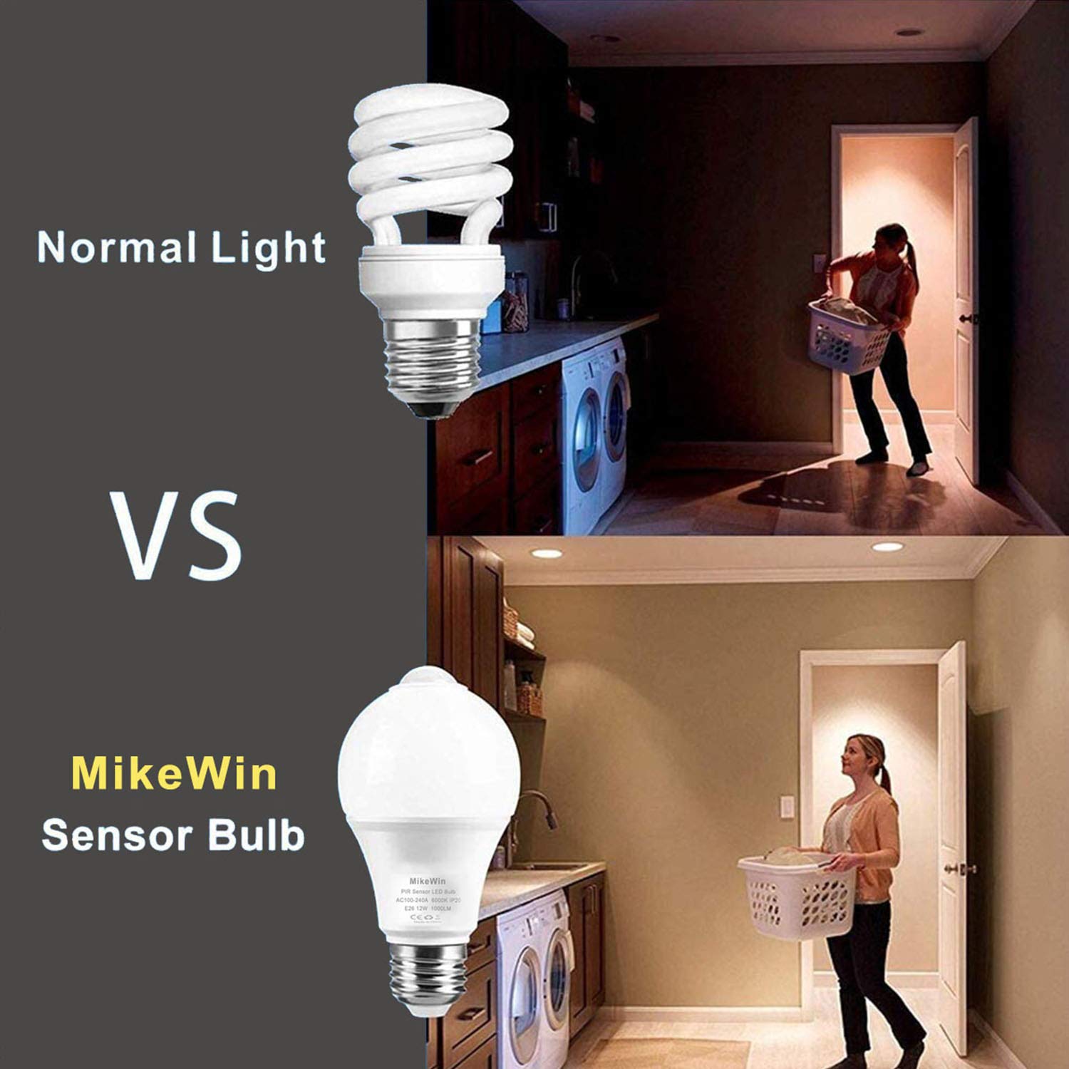 Mikewin Motion Sensor Light Bulbs Outdoor 2 Packs 13W(100W Equivalent) Security Led Bulb, Indoor E26, A19, 5000K Daylight Dusk T