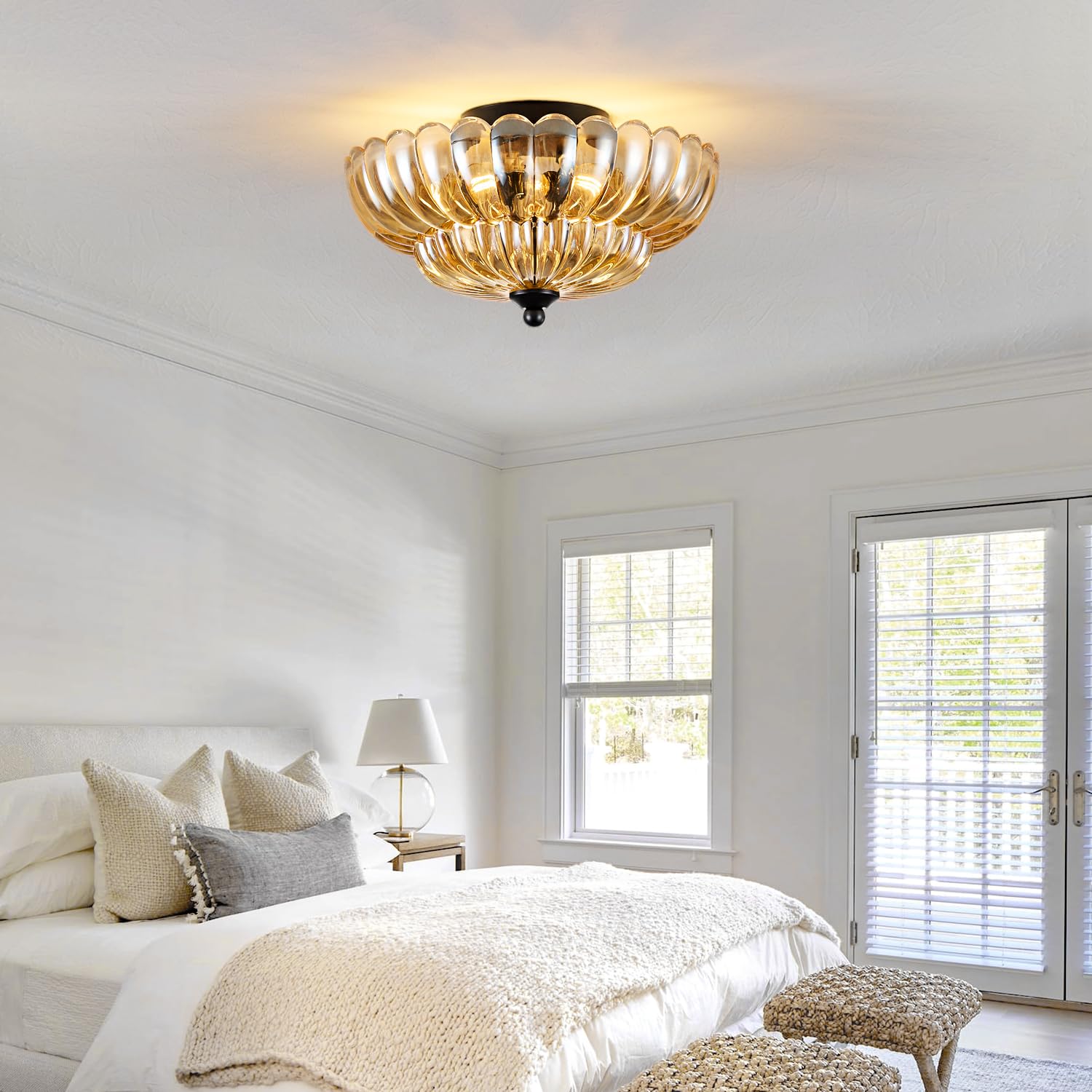 Modern Black Ceiling Light Fixture, 12'' Amber Glass Flush Mount Chandeliers, Semi Flush Mount Ceiling Light Fixture Suitable Fo
