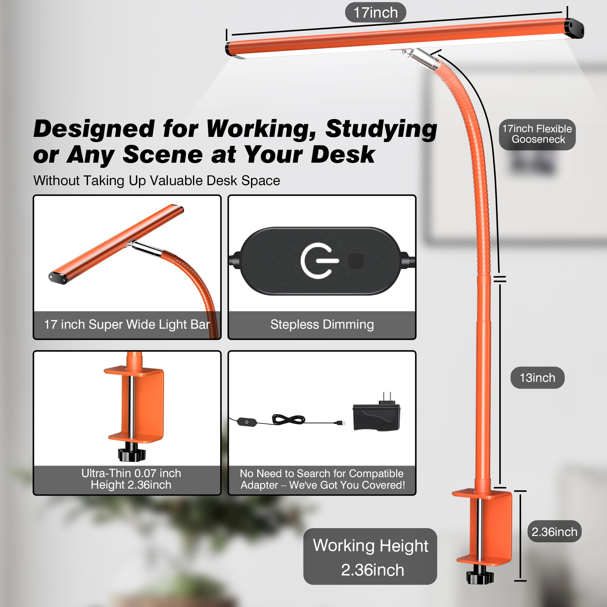 Airlonv LED Desk Lamp, Eye-Caring, Stepless Dimming, Gooseneck, Aluminum, Standard Size, Orange, Model HD-PL18DC1002