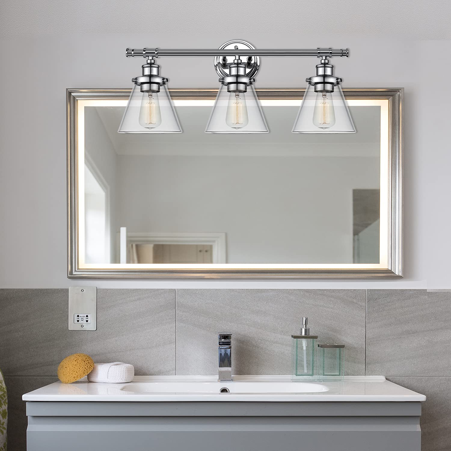 Globe Electric 51445 3-Light Vanity Light, Chrome, Clear Glass Shades, Bulb Not Included