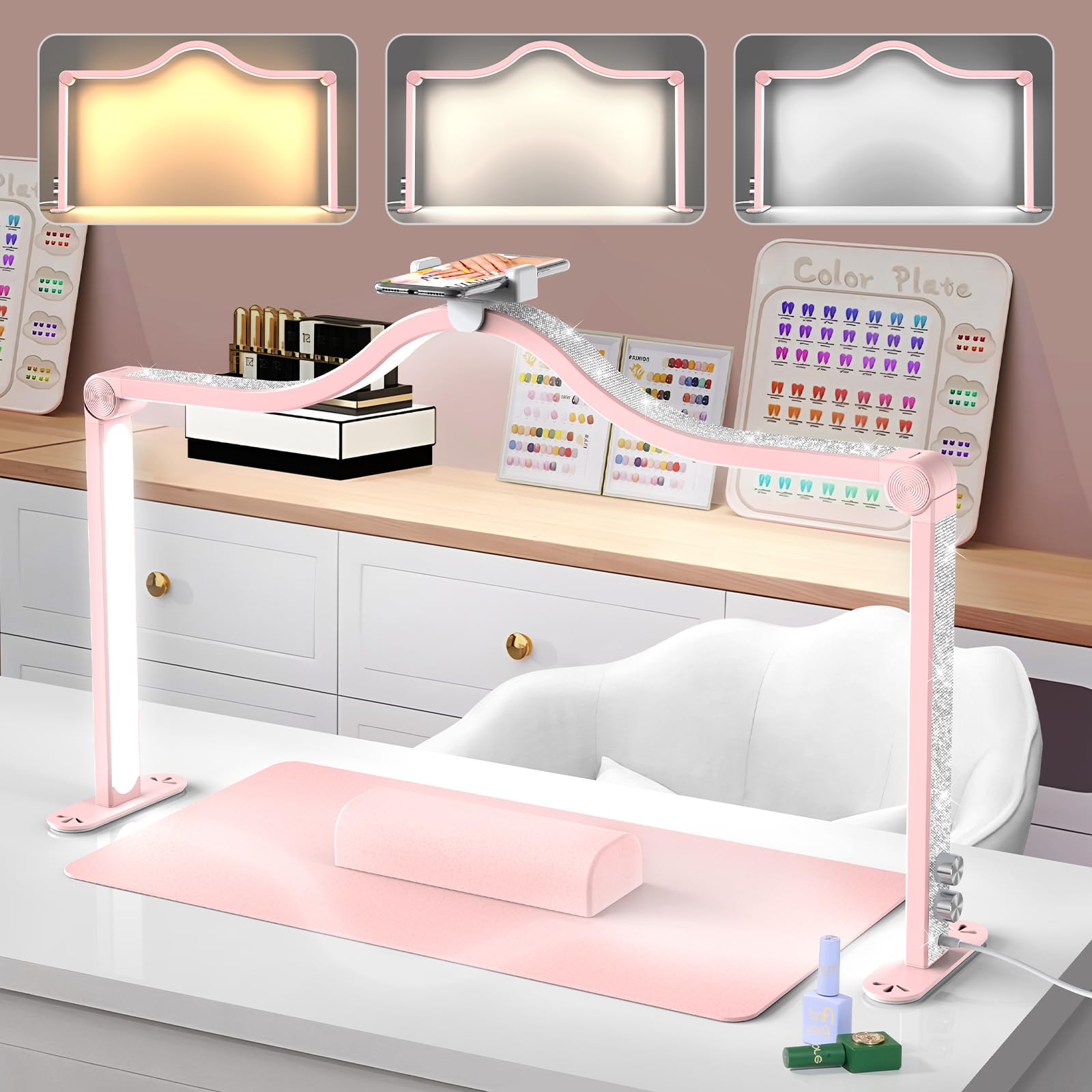Yokilly Arc Half Moon Light: 34 Shadow-Free Half Moon Light for Desk Salon - Foldable LED Desk Lamp with Stepless Brightness for