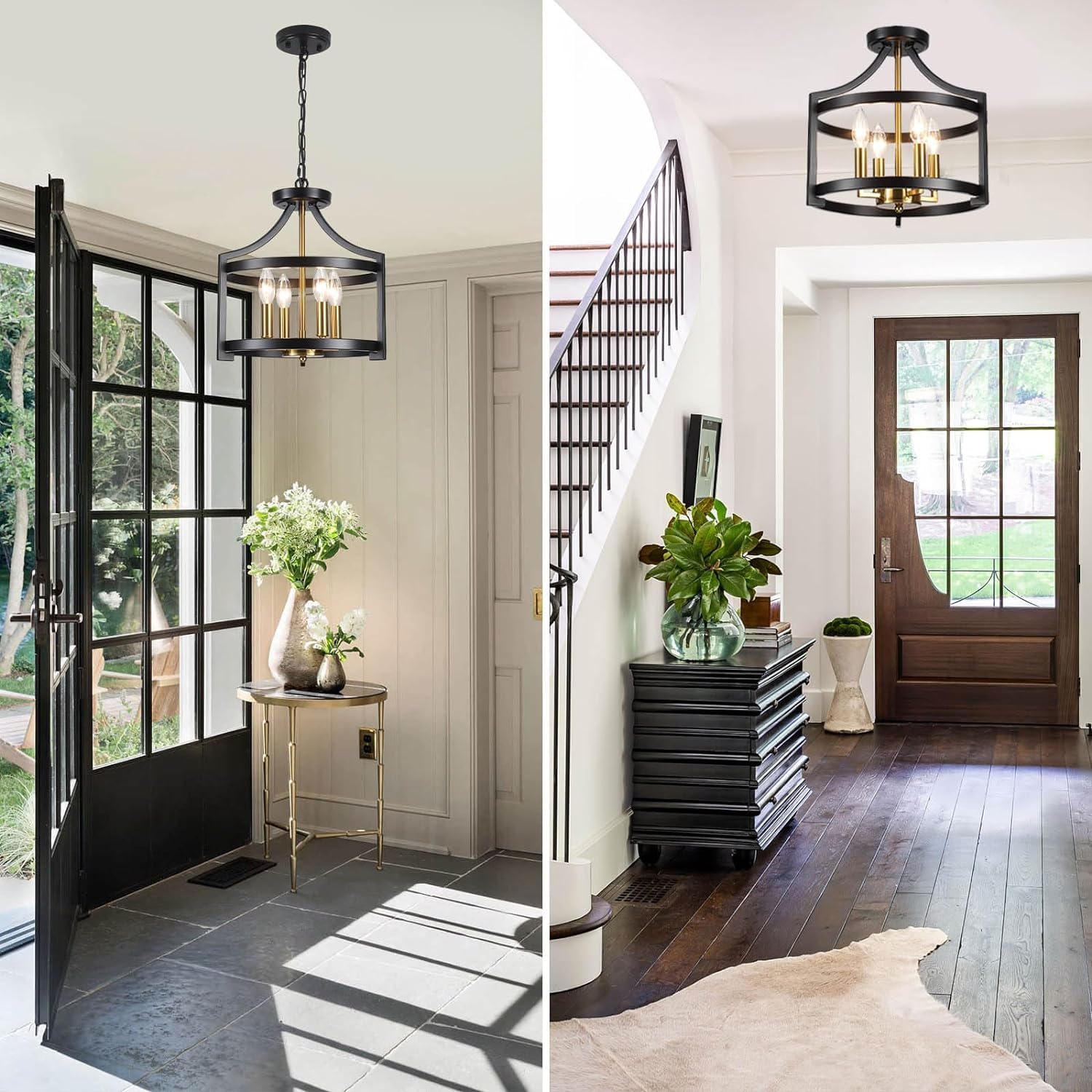 HOXIYA Farmhouse Chandelier - Adjustable Height Pendant Light, 4 Light Black and Gold, Metal, Model HOXIYA-J-PL0702 for Dining Room Foyer