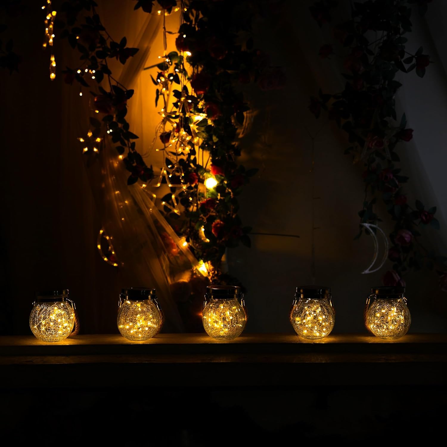 Cooo Christmas Gifts 4 Pack Heavy  le Glass Solar Lantern With 30 Led Firefly Lights- Waterproof Outdoor Hanging Lamp 215% Larger Solar Panel  Stainless Steel Lid Decorative Lighting For Garden