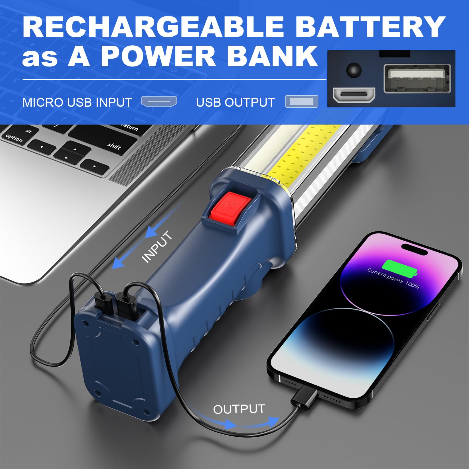 Warsun Led Work Light Rechargeable, Portable Mechanic Trouble Light With1200 Lumens, Cob Worklight Magnetic Base, Cordless Floodlight For Car Repair, Camping, Hiking, 30W