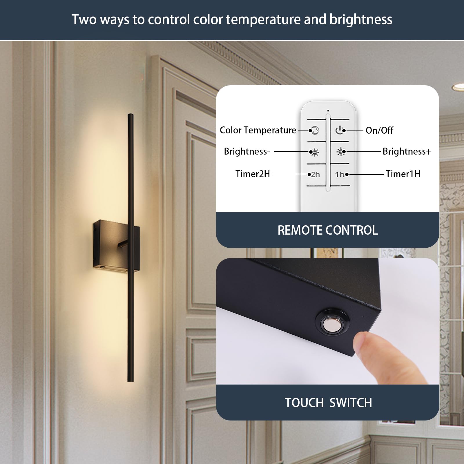 Battery Operated Wall Sconces Set Of 2, 16000Mah Black Rechargeable Wall Sconce With Remote Control, 3000K-6000K Dimmable Led Wireless Wall Light For Living Room, Hallway, Bedroom, Stairs, 29 Inchs