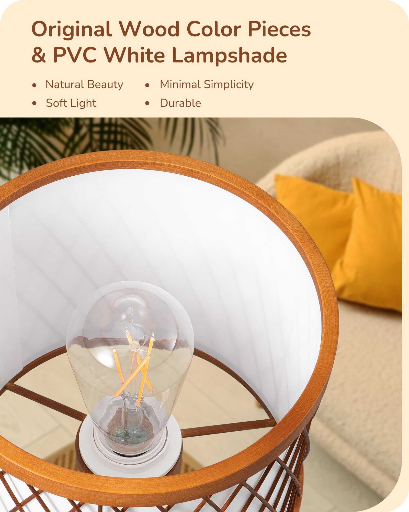 Edishine Small Table Lamp, 14.17'' Wood Tripod Bedside Lamp With Bamboo Lampshade & Pvc Shade, On-Off Switch & E26 Base, Boho Ni