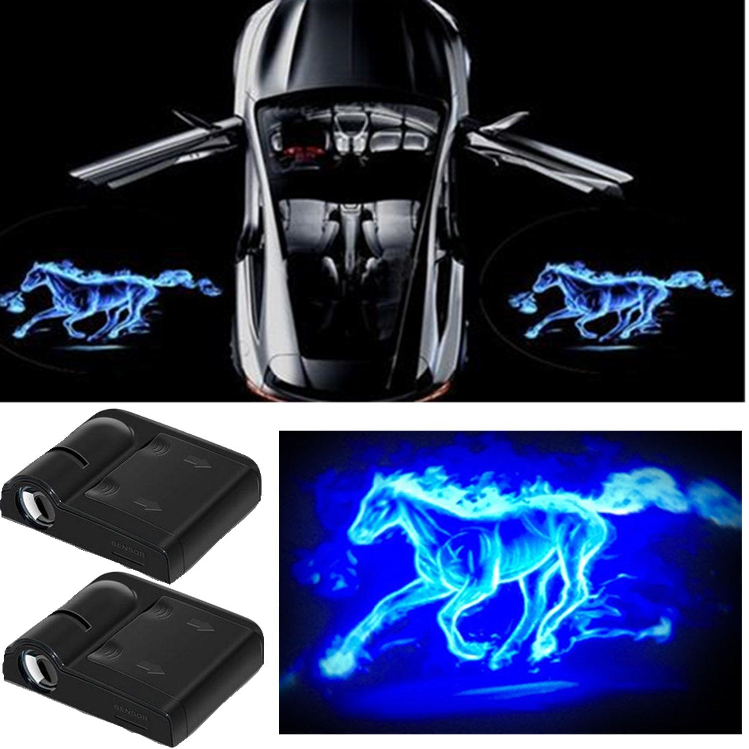 Autoglobel 3D Car Door Step LED Welcome Logo Shadow Light Projector Lamps, Model C-50, Blue Horse Color, Fits All Vehicle Models