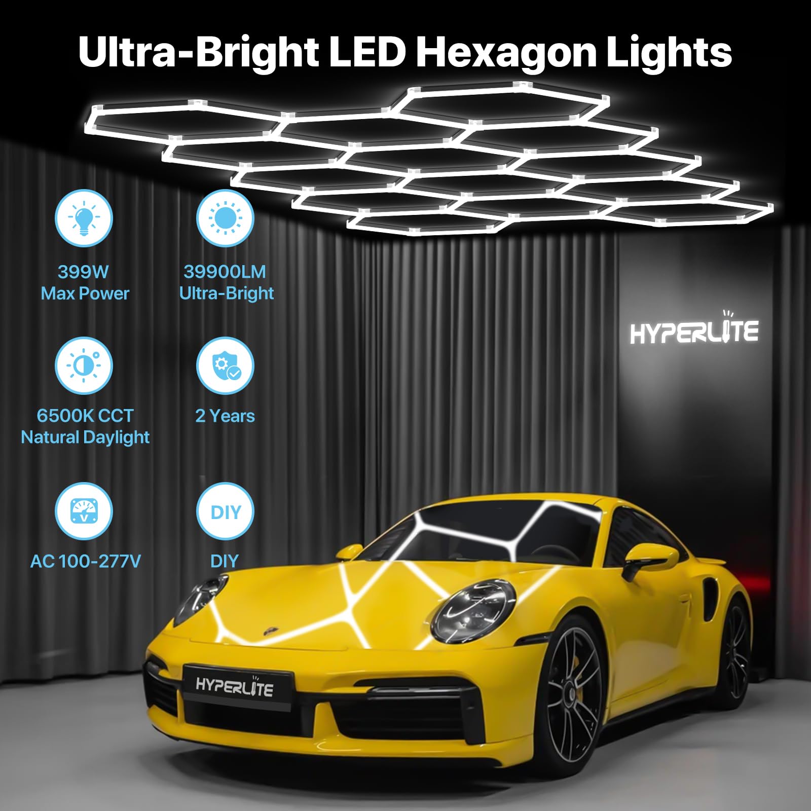 HYPERLITE Gen 2 Hexagon LED Lights 399W 39900LM, 14 Grids, 6500K, White, Easy Install for Garage, Gym, Workshops,