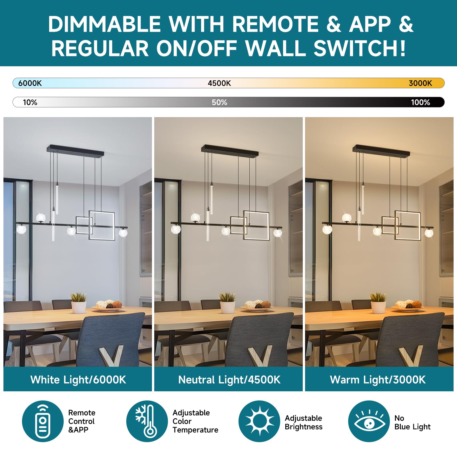 ORANOOR Modern LED Pendant Light, 47in Dimmable Black & Gold Chandelier for Dining Room, Model 8417