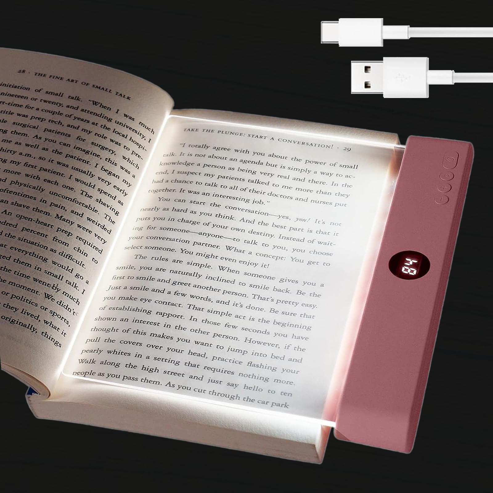 Book Light  Rechargeable Reading Lights for Books in Bed - Eye Caring 3 Color Temperatures  Stepless Dimming Brightness  Timer  Long Lasting  Portable Flat Book Light for Book Lovers (Pink)