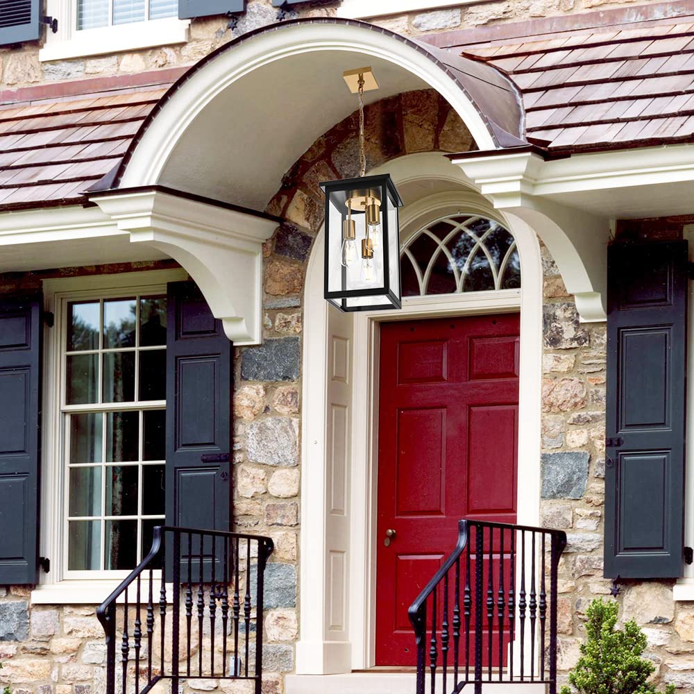 Todoluz Outdoor Pendant Light Fixtures, 3-Lights Exterior Hanging Lantern, Black Large Outdoor Hanging Porch Light With Clear Glass Shade