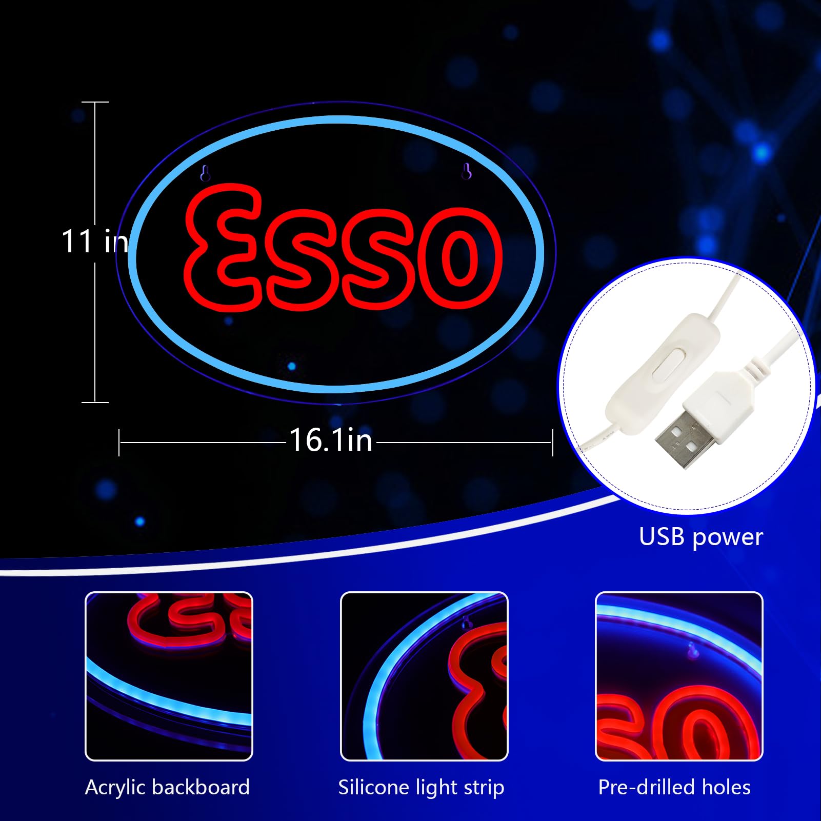 WonderfulLife Esso Neon Sign - LED Garage Decor, 11"x6.3", Plastic, Easy Hanging, Perfect for Bar, Man Cave, Lube Store, Gas Station