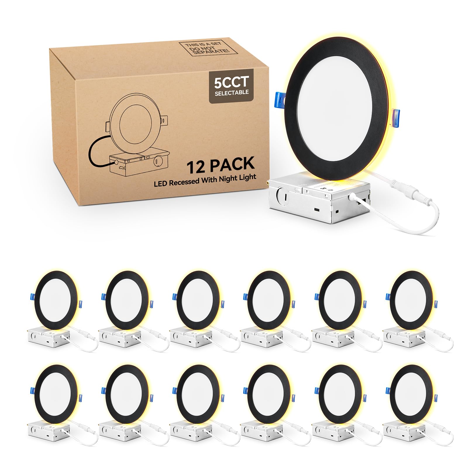 Comiled 12 Pack Black 6 Inch LED Recessed Ceiling Light with Night Light, 2700K/3000K/3500K/4000K/5000K Selectable, 12W, Dimmabl