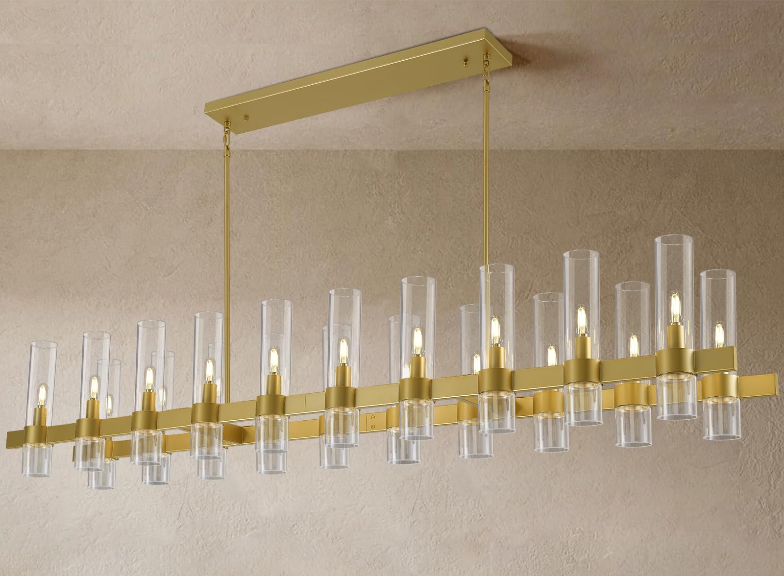 Gold Linear Chandeliers For Dining Room, 68'' Rectangle Chandelier With Glass, 20-Light Dining Room Chandeliers Over Table, Bras