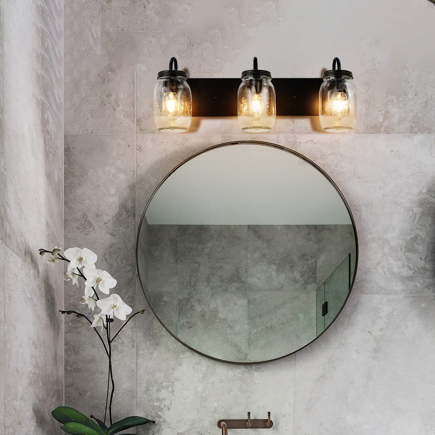 LMSOD Vanity Glass Wall Lights, Black Mason Jar Wall Sconce, Model BL-2623, Farmhouse Style