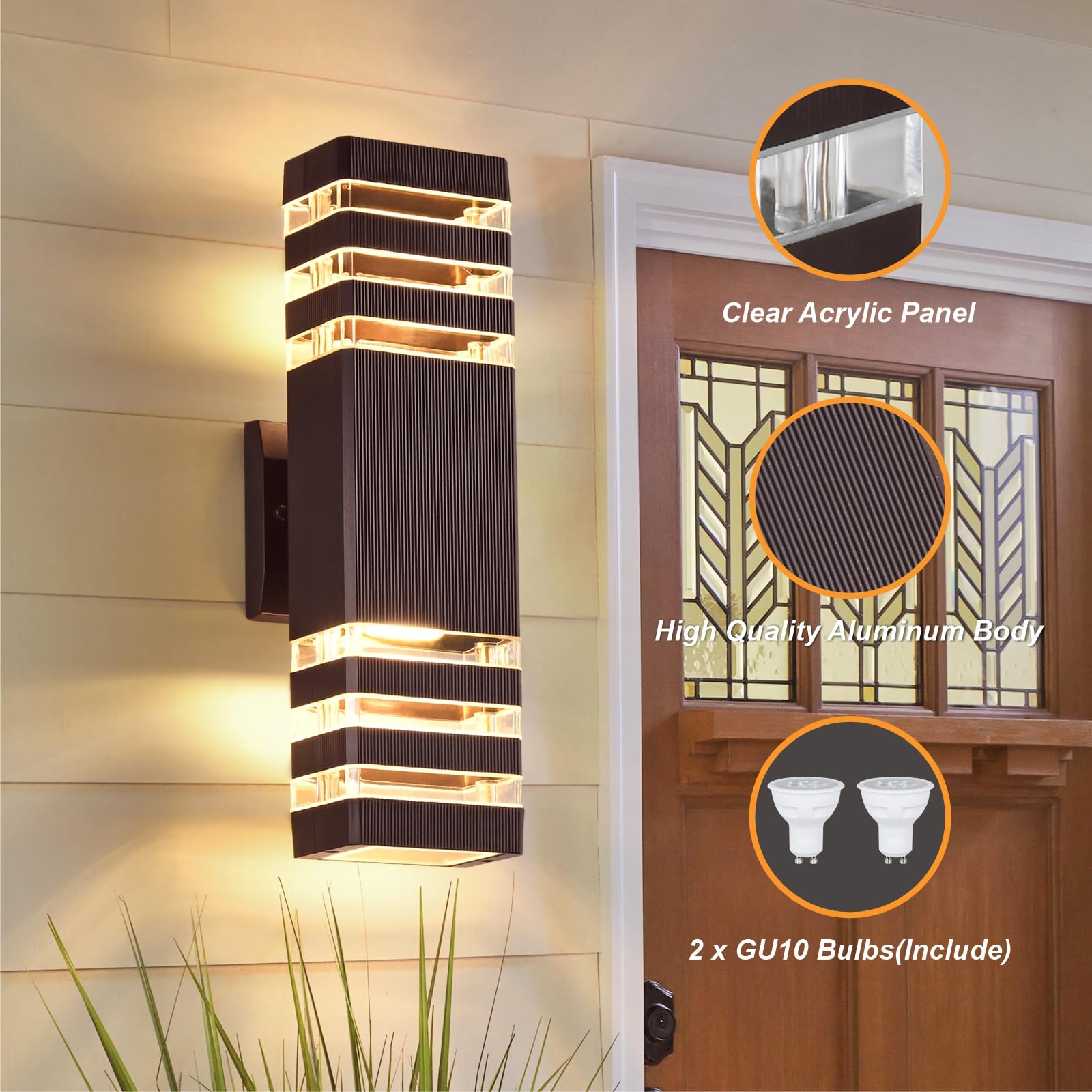 DASTOR Outdoor Wall Lights, Waterproof Aluminum Fixture, 3-Layer, Brown, 2 Pack, Model DST-240402