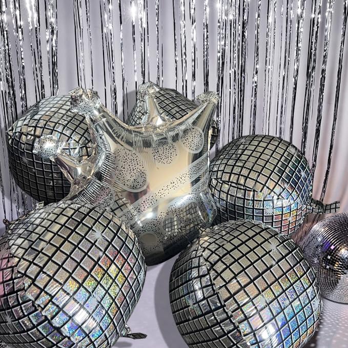 D Dywarm Holographic Mirror Disco Ball Set, 18-Inch, Glass Tiles, Silver Crown Balloon, Large, 006-Silver Disco