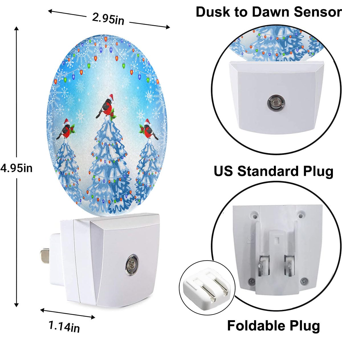 EKOBLA LED Night Light - Winter Pine Tree with Bullfinches, Auto Sensor, 1.14"D x 2.95"W x 4.95"H, Multi-colored, Model Y