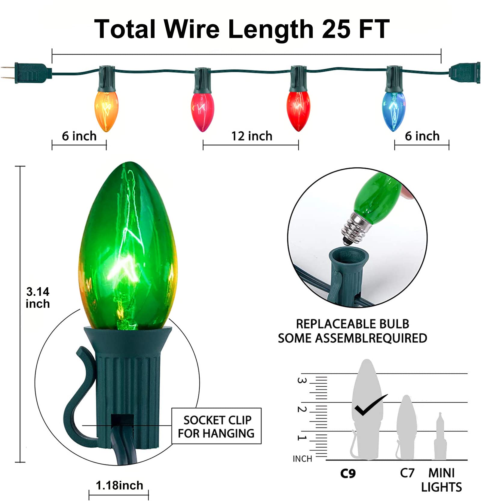 C9 Multicolor Christmas Lights Outdoor, 25Ft Vintage Christmas String Lights With 26 Clear Glass Multicolored Bulbs, Hanging Roo