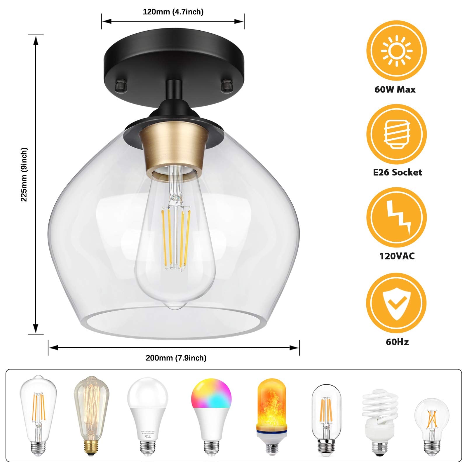 BesLowe Modern Semi Flush Mount Ceiling Light, Black, Clear Glass Shade, Industrial Design, Model C2508-01-GDBK