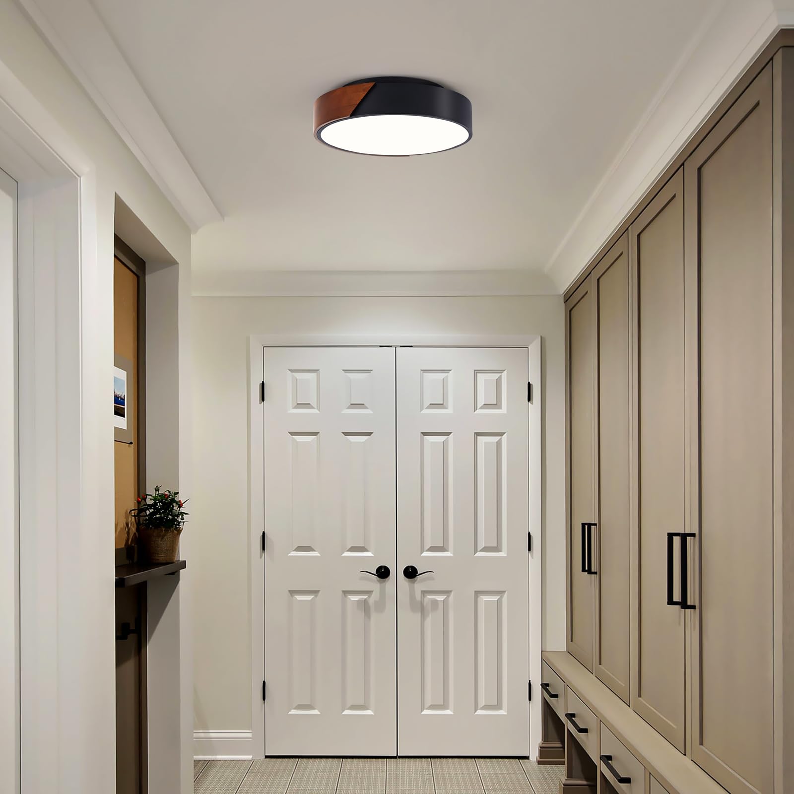 Yumpaug Modern Black Flush Mount Ceiling Light, 2-Light Mid-Century Ceiling Light Fixture, Minimalistic Wood Round Lighting Fixt