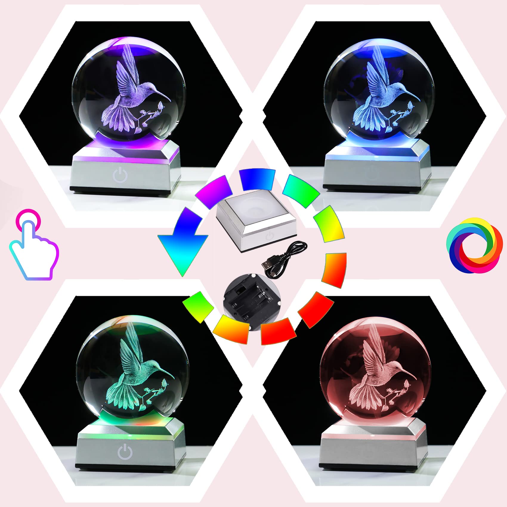 Ornalrist Crystal Ball 3D Engraved Hummingbird With Led Colorful Base, 3.15"/8Cm Animal Glass Sphere Ideas For Friends Home Decor Display, Gifts For Men Women On Birthday Christmas