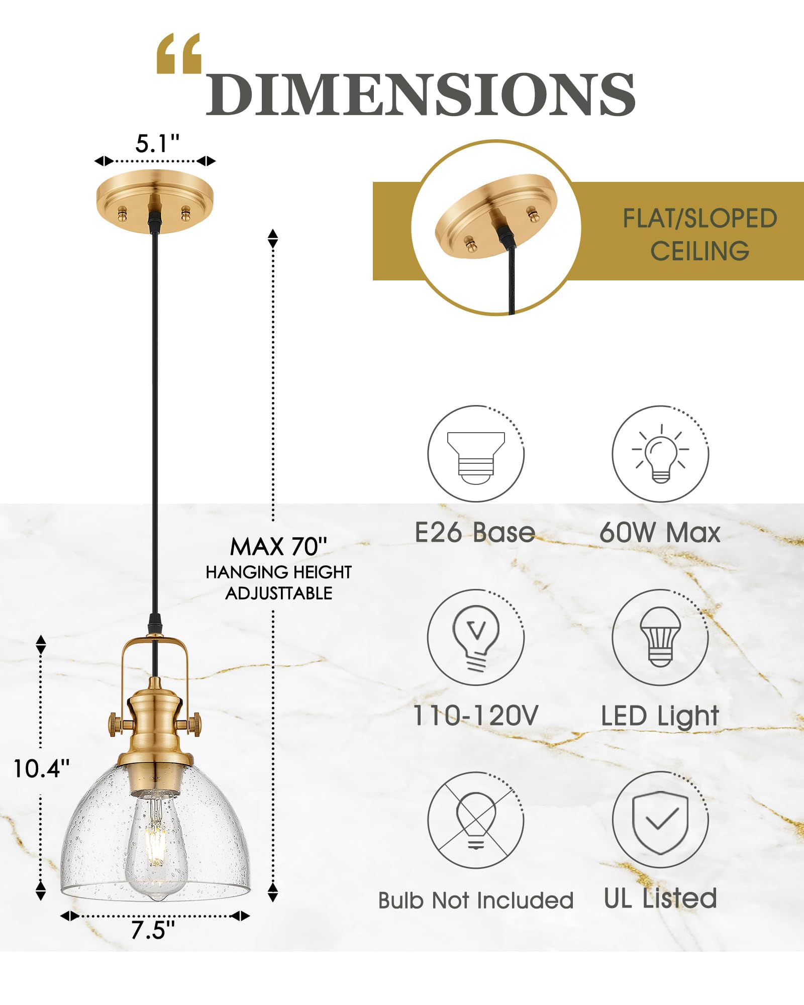 Audickic 7.5" Farmhouse Pendant Light, Vintage Seeded Glass Shade, Brushed Gold, Model AD-22151-1P-GD