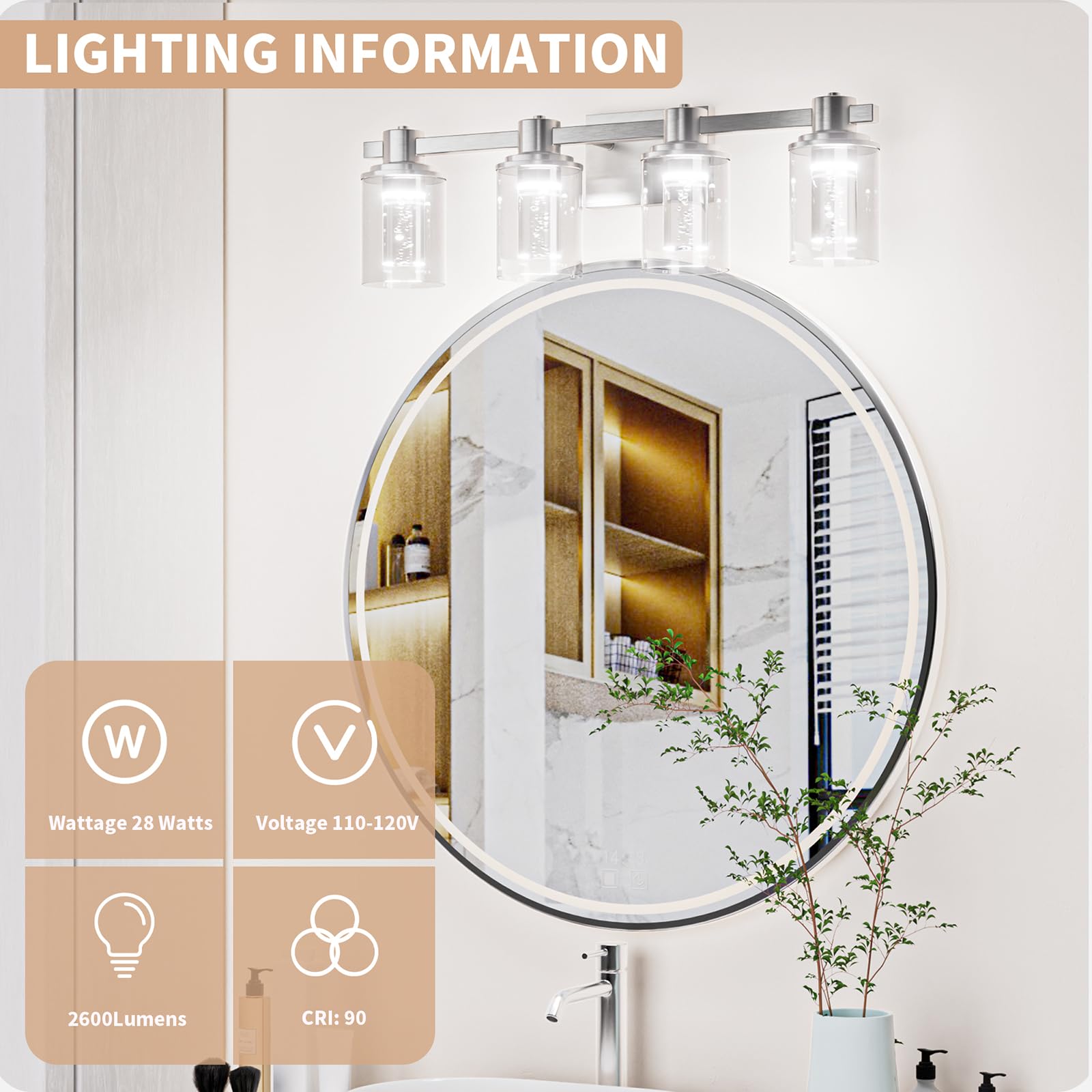 Quntis Brushed Nickel 4-Light Dimmable Bathroom Vanity Light, 5 Color Modes, Led Wall Lamp